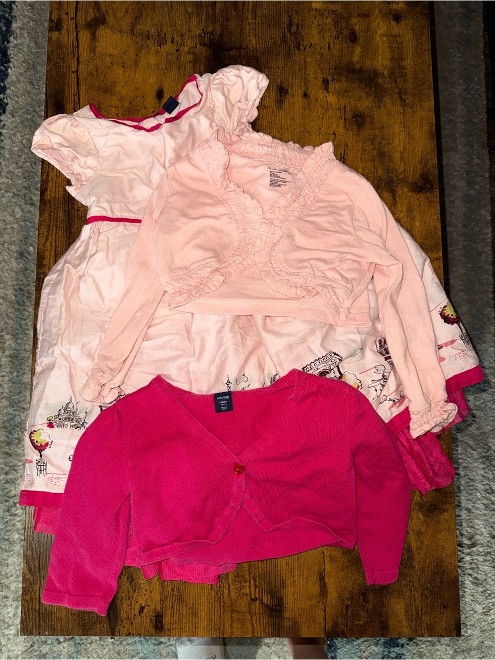Girls Pink Paris Print Dress with Hot Pink Trim 2 cardigans